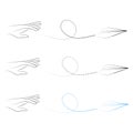 Set of vector illustrations of hand throwing paper plane icons. Outline simple craft paper airplane isolated on white background. Royalty Free Stock Photo
