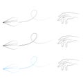 Set of vector illustrations of hand throwing paper plane icons. Outline simple craft paper airplane isolated on white Royalty Free Stock Photo