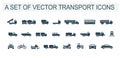 A set of vector illustrations, icons and logos of cars, trucks and buses, motorcycles, bicycles and ATVs, trains, snowmobiles