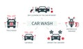 A set of vector illustrations, icons and logos for washing trucks, cars, motorcycles. Dry cleaning of the salon.