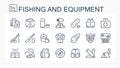 A set of vector illustrations, icons from a thin line. Equipment for fishing, traveling and camping Royalty Free Stock Photo