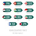 Set of vector illustrations of ISO 3166 1 alpha 3 and flags of Asian countries. Part 2 Royalty Free Stock Photo