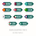Set of vector illustrations of ISO 3166 1 alpha 3 and flags of Asian countries. Part 3 Royalty Free Stock Photo