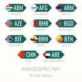 Set of vector illustrations of ISO 3166 1 alpha 3 and flags of Asian countries. Part 1 Royalty Free Stock Photo
