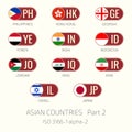 Set of vector illustrations of ISO 3166 1 alpha 2 and flags of Asian countries. Part 2 Royalty Free Stock Photo