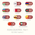 Set of vector illustrations of ISO 3166 1 alpha 2 and flags of Asian countries. Part 1 Royalty Free Stock Photo