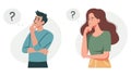 Set of vector illustrations. Man and woman in a pensive pose solving a question. Concept of problem solving