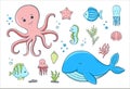 Set of vector illustrations of marine life. Children\'s drawing of fish, octopus, algae Royalty Free Stock Photo