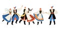 Set of vector illustrations of men and women dancing traditional polish dances. Couples in folk costumes