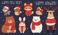 Set of vector illustrations for New Year on dark background. Animals in winter clothes and Santa Claus hat. Bear, hare Royalty Free Stock Photo
