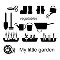 A set of vector illustrations of outlines of gardening tool items and growing plants. Royalty Free Stock Photo