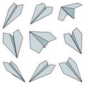 Set of vector illustrations of paper plane icons. Outline simple color craft paper airplane isolated on white background. Icon Royalty Free Stock Photo