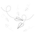 Set of vector illustrations of paper plane icons. Outline simple craft paper airplane isolated on white background. Icon symbol of Royalty Free Stock Photo