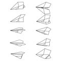 Set of vector illustrations of paper plane icons. Outline simple craft paper airplane isolated on white background. Icon symbol of Royalty Free Stock Photo