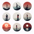 Set of vector illustrations of people at the beach on a sunset