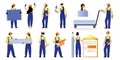 Set of vector illustrations of people builders. Construction workers and related positions. People in uniform with items for