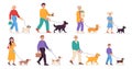 Set of vector illustrations with people of different ages walking their dogs of different breeds.