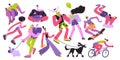 Set of vector illustrations of people wearing summer clothes, having fun, playing sports and walking dogs. Cartoon characters