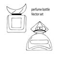 set of vector illustrations of perfume bottles for women in the style of handmade doodle. Cosmetics, perfumes.