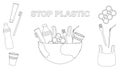 Set of vector illustrations of plastic pollution of Earth. Environmental problems.