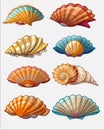Set of vector illustrations, realistic sea shells, marine life, sea products, isolated Royalty Free Stock Photo