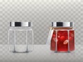 A set of vector illustrations of glass figured jars is empty and with a strawberry jam Royalty Free Stock Photo