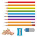 Set of vector illustrations in realistic style sharpened pencils of various lengths with a rubber and without. Colored and various Royalty Free Stock Photo