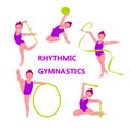 Set of vector illustrations of rhythmic gymnastics. Little girls with gymnastics equipment. Flat cartoon style. Isolated Royalty Free Stock Photo