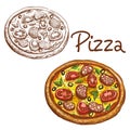 Set of vector illustrations round Italian pizza color and black and white.