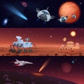 Set of vector illustrations of rover and spaceships carrying out mission of Mars and Universe exploration and conquest