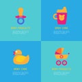 Set of vector illustrations of rubber duck, soother, sippy cup, carriage