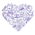 Set of vector illustrations of school accessories and stationery, camped in the shape of a heart in doodle style