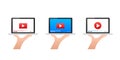 Set of vector illustrations showing hands holding laptops with video player on screen, concept for online media player Royalty Free Stock Photo