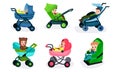 Set Of Vector Illustrations Of Six Toddlers In Different Kinds Of Baby Carriages