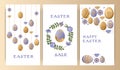 Set of vector illustrations, story templates, postcards, Easter theme, rabbits, wreaths and flowers, Easter eggs. Gradient,