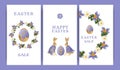 Set of vector illustrations, story templates, postcards, Easter theme, rabbits, wreaths and flowers, Easter eggs. Gradient,