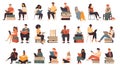 Set of vector illustrations of students sitting on the floor and reading books. Royalty Free Stock Photo