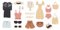 A set of vector illustrations of summer women is fashion clothing. A collection of fashionable clothes for leisure or