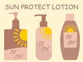 Set of vector illustrations with sunscreens for the body with different levels of spf protection