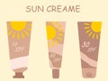 Set of vector illustrations with sunscreens with different spf protection Royalty Free Stock Photo