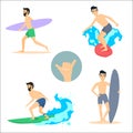 Set of vector illustrations of surfer men