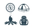 A set of vector illustrations, a tent, a compass, a backpack and a campfire.