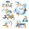 A set of vector illustrations on the topic of time management and working time estimation.