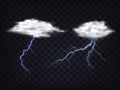 Set of vector illustrations of transparent white clouds with lightning charge.