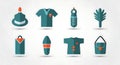 Set of vector illustrations hat, t-shirt, plant, bag and other elements, flat design Royalty Free Stock Photo