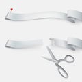 A set of vector illustrations of a white silk, satin ribbon whole and cut.