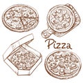 Set of vector illustrations whole pizza and slice, pizza on a wooden board