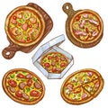 Set of vector illustrations whole pizza and slice, pizza on a wooden board, pizza in a box for delivery.