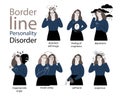 Set of vector illustrations of a woman suffering from mental borderline personality disorder. Mood swings, obsessive