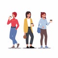 Set of vector illustrations of women with coffee.Young different women drinks coffee. Young females stand and hold in hand coffee